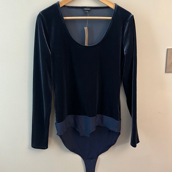 NWT J Crew Velvet Navy Blue One Piece Long Sleeve Top SZ L Deep Scoop Neck Boho - Picture 1 of 8